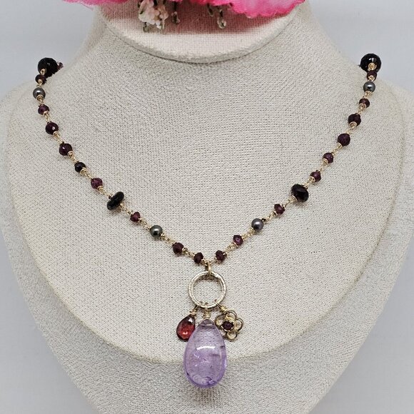 Alexis Bittar 925 Silver Vermeil Amethyst Garnet & Gray Pearl Stones Necklace - Picture 2 of 12